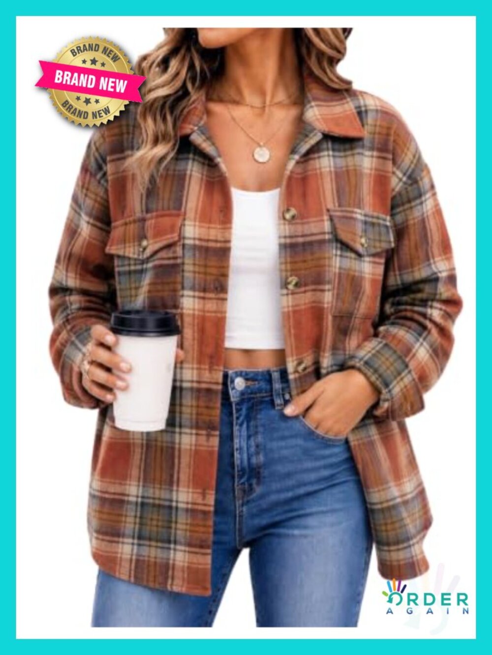 Polyester Plaid Shacket Button Down Casual Jacket Long Sleeve